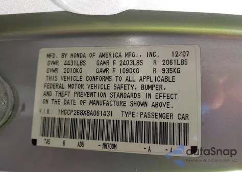 2008 Honda Accord Exl z USA, uszkodzony, nr VIN 1HGCP268X8A061431